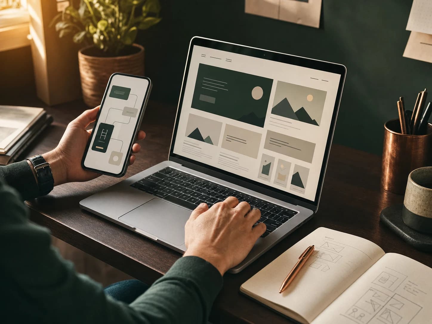 Illustrative designer working on a website and an automated workflow