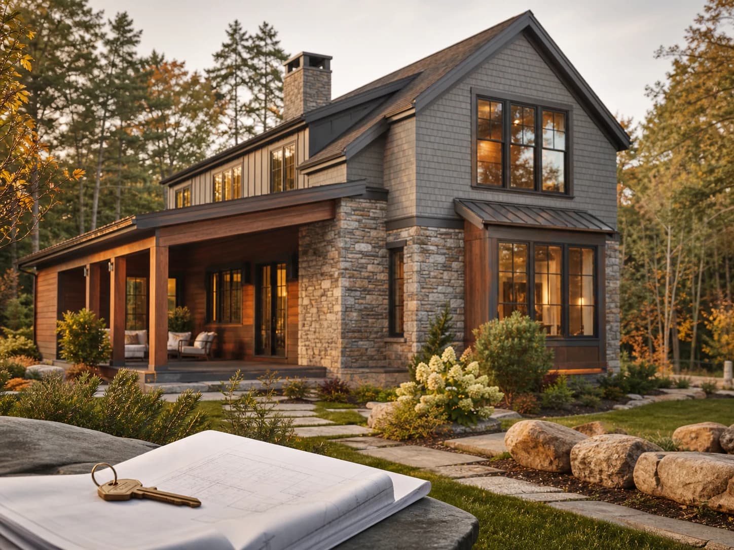 Illustrative New England home with architectural plans and a house key
