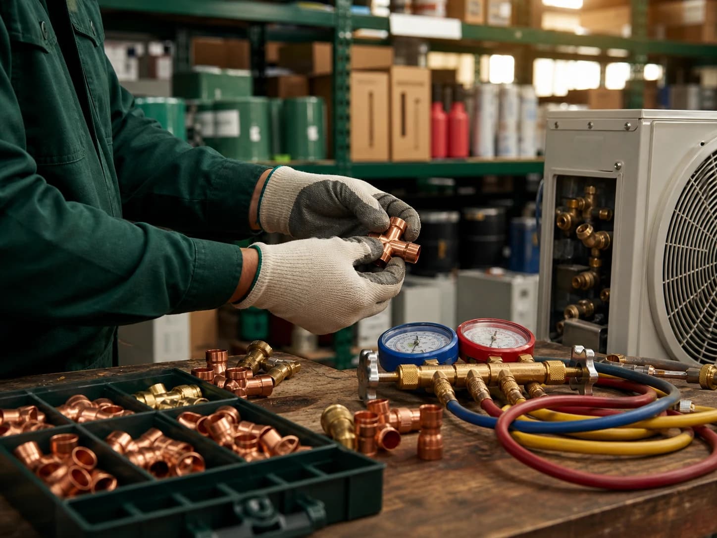 Illustrative HVAC contractor selecting copper fittings and trade equipment